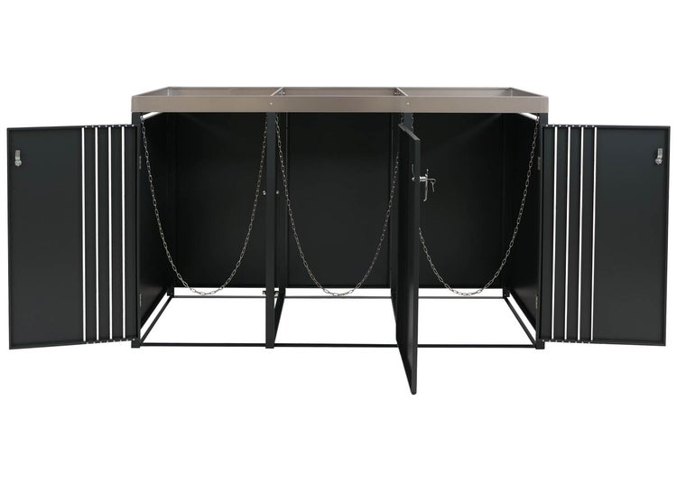 Mülltonnenbox mit drei Fächern und Ketten zur Sicherung der Mülltonnen