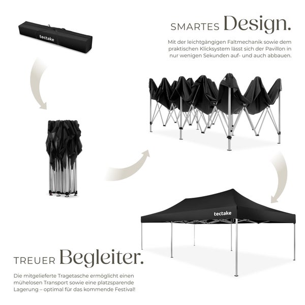 Phasen des Aufbaus eines schwarzen Faltpavillons mit tectake Logo: von der Tragetasche und dem gefalteten Gestell bis zum montierten Zelt.