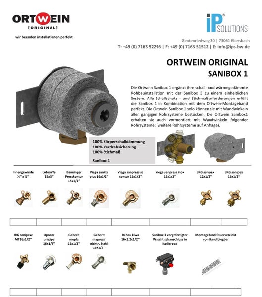 Produktblatt für Ortwein Sanibox 1 mit Ortwein Logo, IP Solutions Logo, verschiedenen Fittings für Sanitärinstallationen und Montageband.