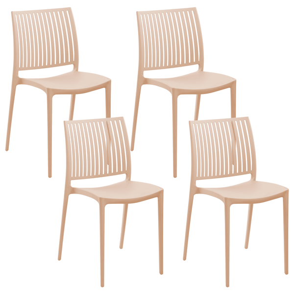 Set aus 4 Kunststoffstühlen mit Lamellenrückenlehne in Beige.