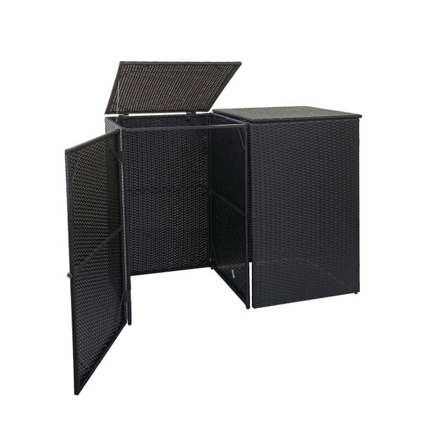 Mülltonnenbox aus schwarzem Polyrattan für zwei Tonnen mit Deckeln und Türen.