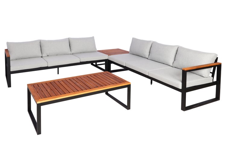 Garten-Lounge-Set aus schwarzem Metall mit Holz-Elementen und grauen Polstern, bestehend aus zwei Sofas, Eckelement und Couchtisch.