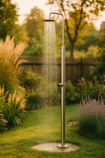 Moderne freistehende Gartendusche aus Edelstahl mit rundem Duschkopf und fließendem Wasser auf einem Rasen in einem hellen, gepflegten Garten.