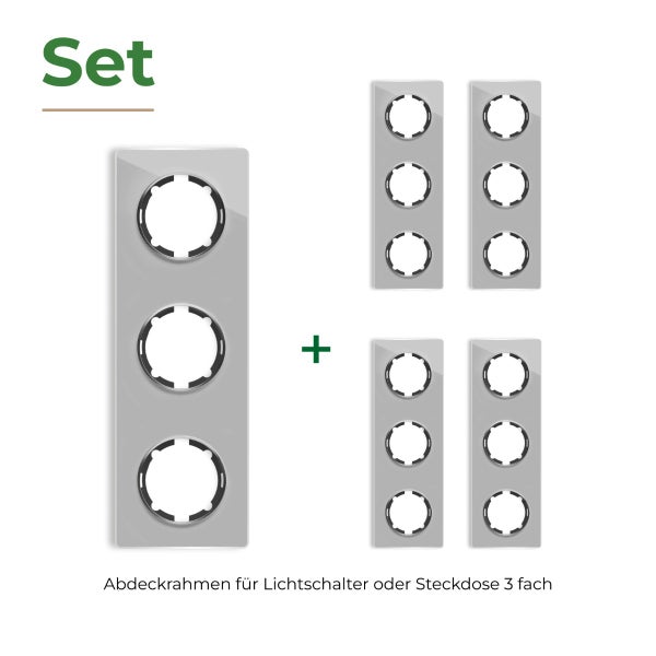 Set mit 5 dreifachen Abdeckrahmen für Lichtschalter oder Steckdosen für Elektroinstallation.