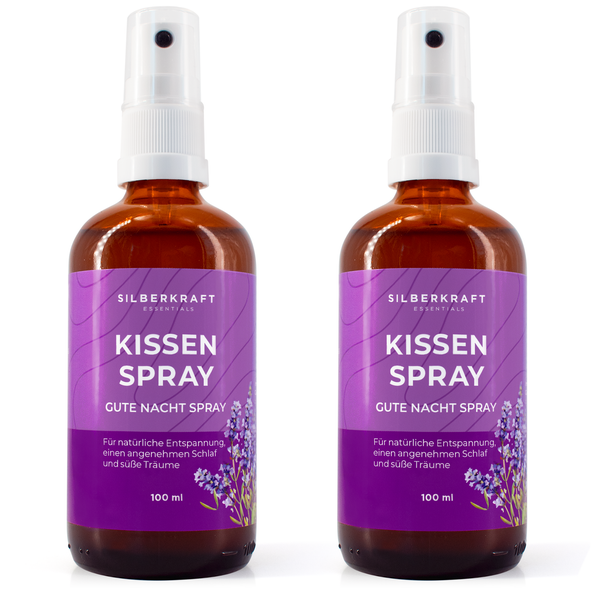 Zwei Flaschen Silberkraft Kissenspray für einen angenehmen Schlaf, jeweils 100 Milliliter mit Zerstäuber.