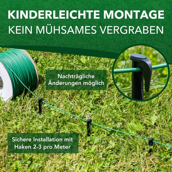 Begrenzungskabel für Mähroboter auf Rasen mit Haken fixiert. Montage ohne Vergraben. 2 bis 3 Haken pro Meter für eine sichere Installation.