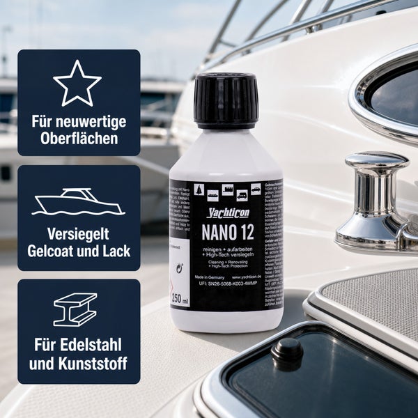 Yachticon Nano 12 Versiegelung zur Reinigung und Pflege von Gelcoat, Lack, Edelstahl und Kunststoff auf einem Boot.