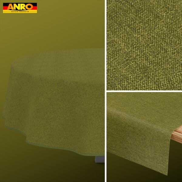ANRO Logo. Grüne Tischdecke mit gewebter Textur, dargestellt in runder und eckiger Form sowie als Detailansicht der Oberfläche.