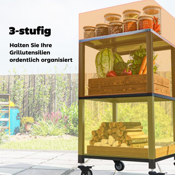 Dreistufiger Grillwagen aus Metall und Holz im Garten mit Gewürzen, Gemüse und Brennholz.