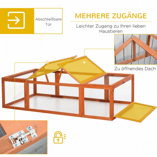 PawHut Hasenstall Kaninchenstall aus Tannenholz Winterfest Hasenkäfig mit aufklappbar Dach 180x90x48 cm Kaninchenkäfig Outdoor Kleintierstall für Kleintiere Hasen Kaninchen Meerschweinchen Orange