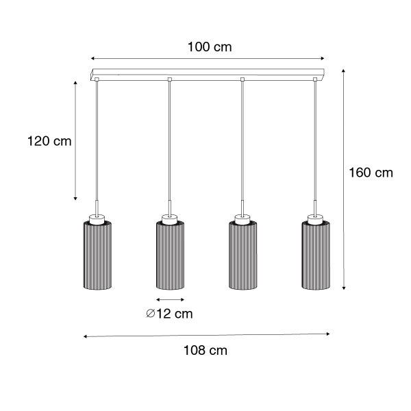 Technische Zeichnung einer Pendelleuchte mit vier Lampen und Maßangaben.