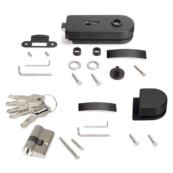 Glastürschloss-Set für Ganzglastüren mit Profilzylinder, Schlüsseln und Montagematerial.