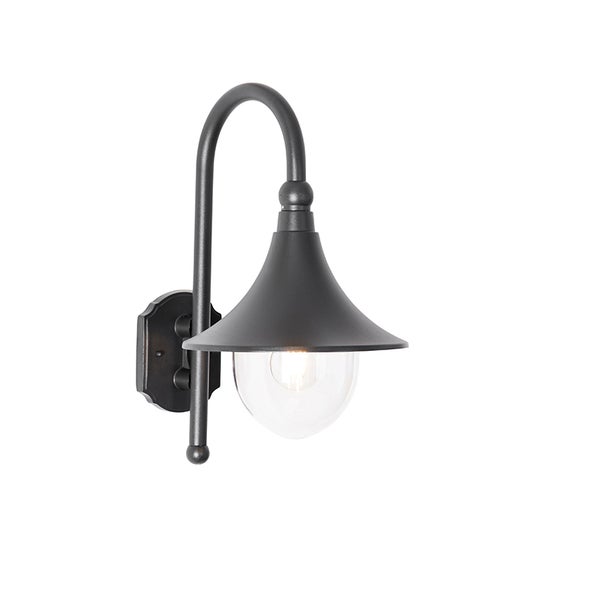 Schwarze Außenwandleuchte aus Metall mit gebogenem Arm, konischem Schirm und klarem Glas.
