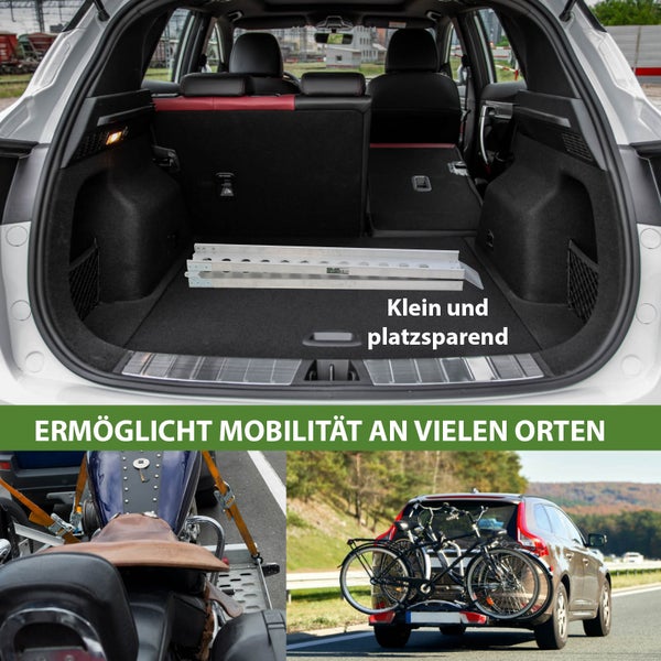 Mobilität durch eine Motorradrampe und einen Fahrradträger.