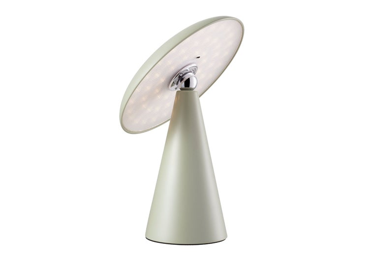 Moderne LED Tischleuchte mit kegelförmigem Fuß und verstellbarem, rundem Leuchtkopf für eine direkte oder indirekte Beleuchtung.