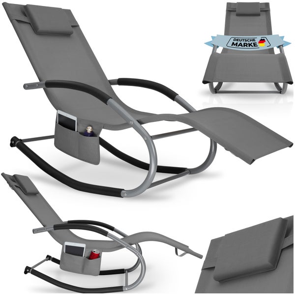 Gartenliege tectake Taya abnehmbares Kopfpolster, seitliche Aufbewahrungstasche ergonomisch, mit Komfort-Schwingbewegung grau