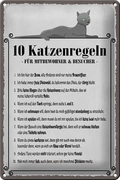 Blechschild Spruch 20x30cm 10 Katzenregeln ich bin der Boss