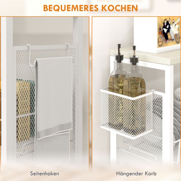 Detailansicht eines Küchenregals mit Seitenhaken und Hängekorb