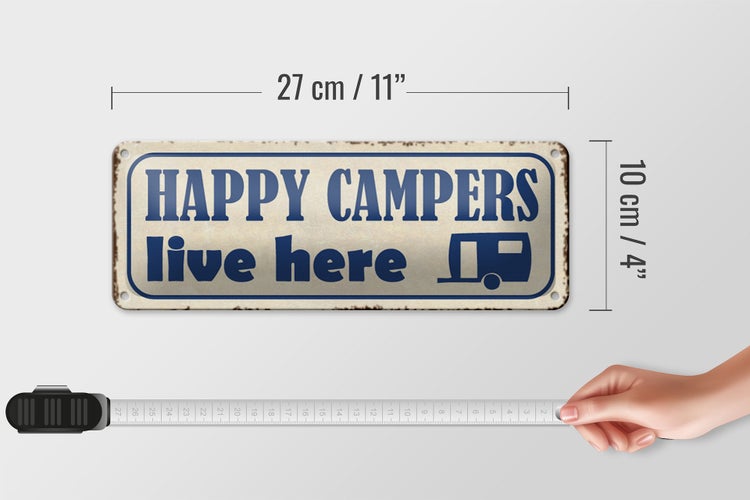 Blechschild Spruch 27x10cm happy campers live here Camping Dekoration