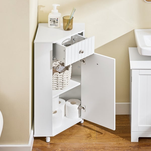 Weißer Eckunterschrank mit Schublade, Tür und Regalböden für das Badezimmer