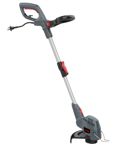 Elektrischer Rasentrimmer von AL-KO mit verstellbarem Teleskopstiel, Zusatzgriff und AL-KO Logo.