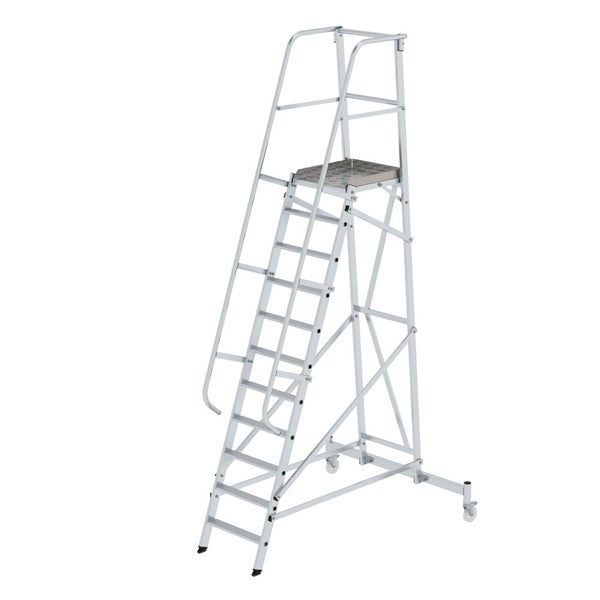 PROREGAL Plattformleiter Fahrbar 11 Stufen Inkl. Beidseitigem Handlauf Aluminium Nivello Leiterschuhe