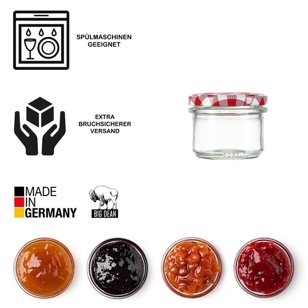 Spülmaschinengeeignet Symbol. Bruchsicherer Versand Symbol. Hergestellt in Deutschland. Big Dean Logo. Einmachglas mit Marmelade.
