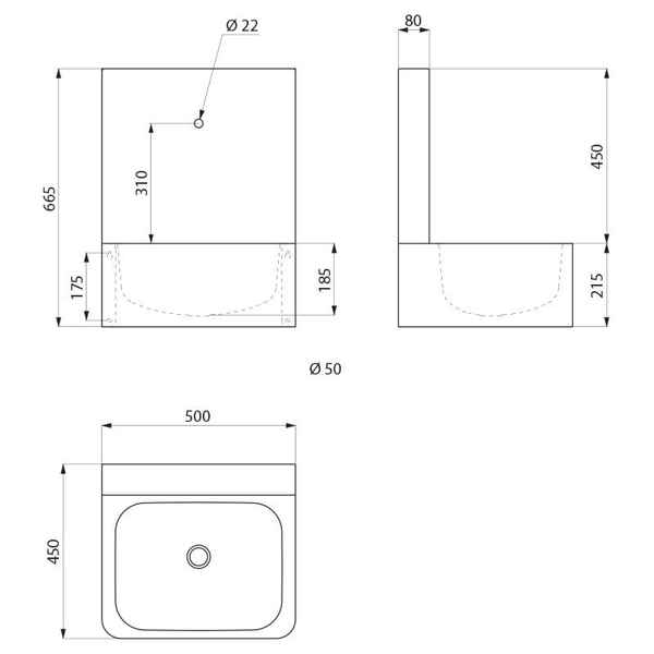 Maßzeichnung eines Waschbeckens mit Rückwand und Angabe der Abmessungen in Millimetern.