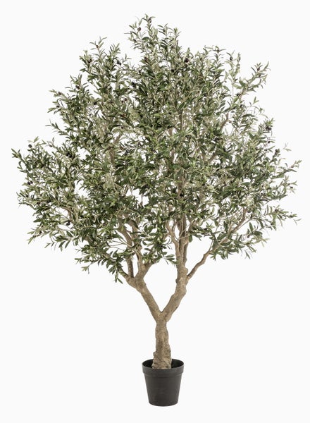 Künstlicher Olivenbaum mit grünen Blättern und dunklen Oliven.