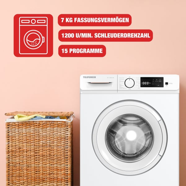 Telefunken Waschmaschine 7kg Frontlader 1200 U/Min. Inverter Motor AquaStop Schontrommel W-7-1200-B-W weiß
