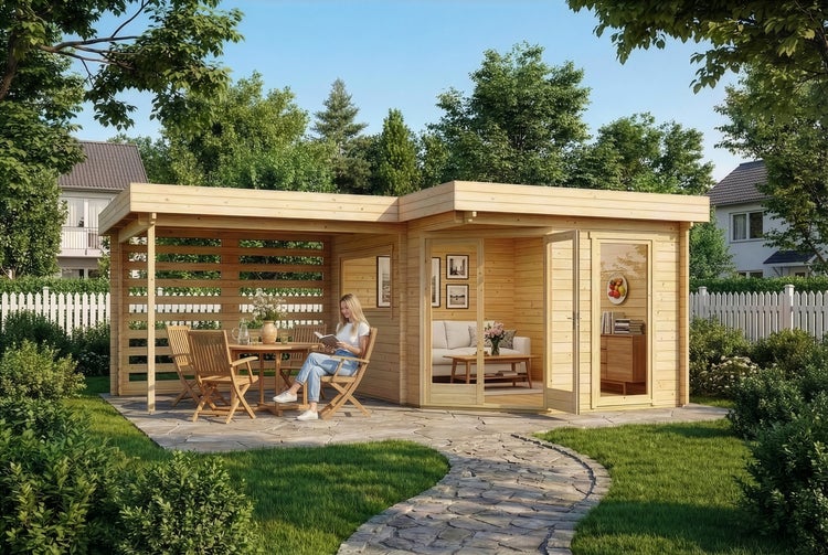 Modernes Gartenhaus aus Holz mit Flachdach, integrierter überdachter Terrasse, Natursteinboden und Glastüren in einem gepflegten Garten.