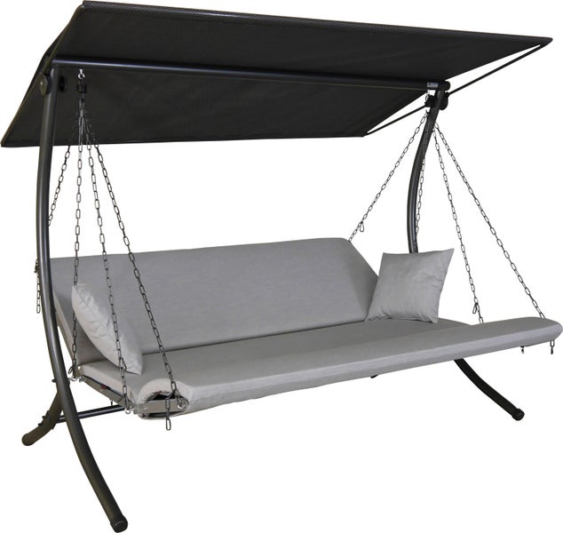 Gartenschaukel mit Dach und grauen Polstern