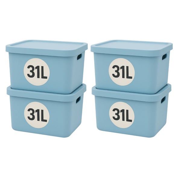 Vier blaue Aufbewahrungsboxen mit Deckel, je 31 Liter Fassungsvermögen
