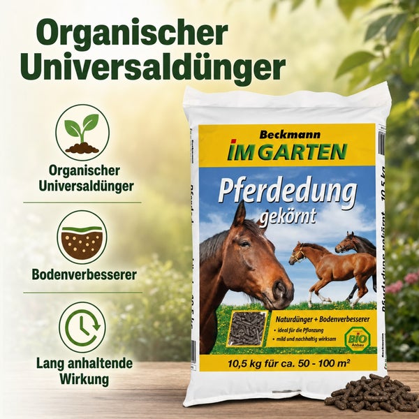 Beckmann organische Pferdedung Universaldünger in zehn Komma fünf Kilogramm Sack für fünfzig bis hundert Quadratmeter als Bodenverbesserer.