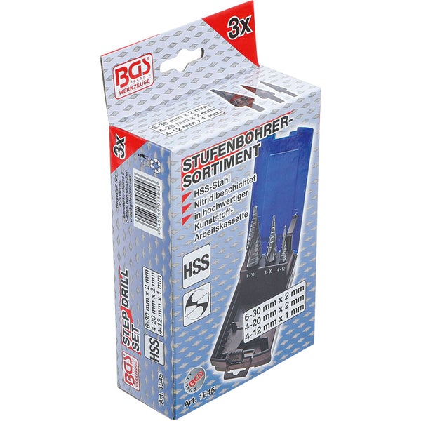 BGS Stufenbohrer Sortiment mit drei HSS Stahlbohrern in Kunststoffkassette