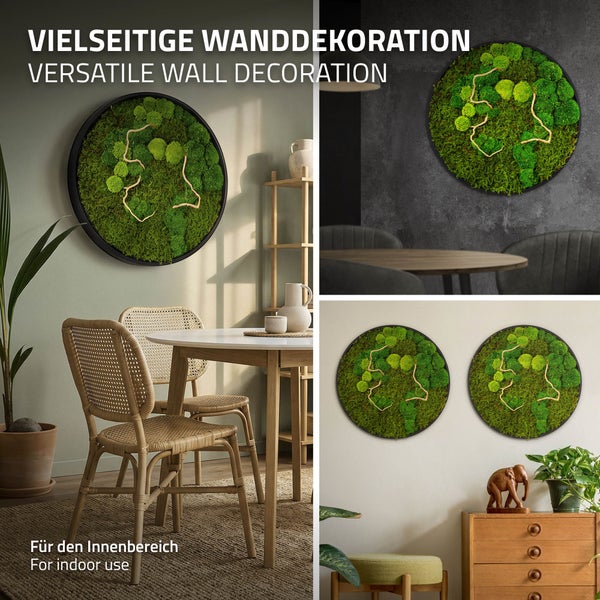 Runde Wanddekoration aus echtem Moos mit Holzrahmen für den Innenbereich als dekoratives Wandbild in verschiedenen Wohnumgebungen dargestellt.
