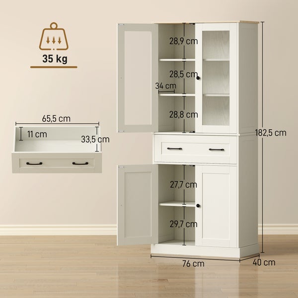 Küchenschrank mit Glasfronten, Schublade und Regalen. Maße: 182,5 Zentimeter hoch, 76 Zentimeter breit, 40 Zentimeter tief. Belastung 35 Kilogramm.