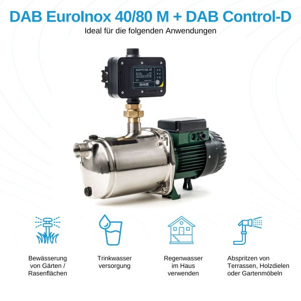 DAB Eurolnox 40/80 M Hauswasserwerk mit DAB Control-D Druckschalter für Gartenbewässerung, Trinkwasserversorgung und Regenwassernutzung
