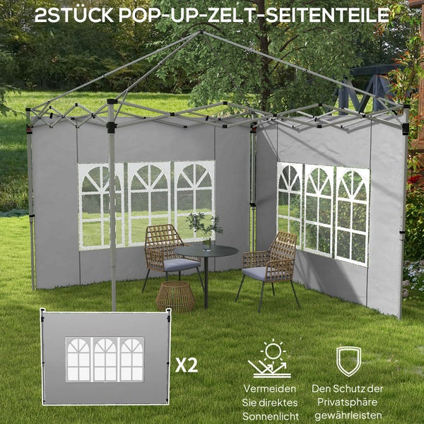 Zwei graue Seitenteile für Faltpavillons mit Fenstern, bietet Sonnenschutz und Privatsphäre, Set bestehend aus zwei Stück.