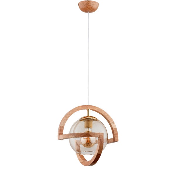 Moderne Pendelleuchte aus Holz mit Glaskugel und Metallelementen für eine stilvolle Innenbeleuchtung.