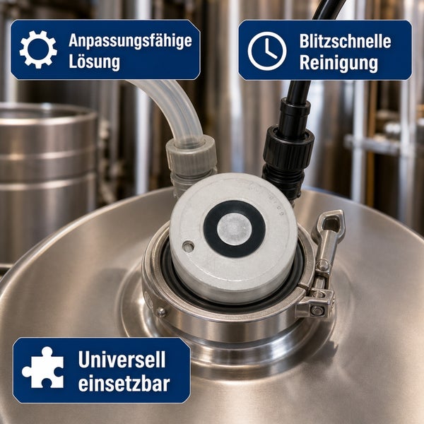 Edelstahl Fassanschluss mit Schlauchverbindungen und Reinigungshinweisen fuer industrielle Anlagen.