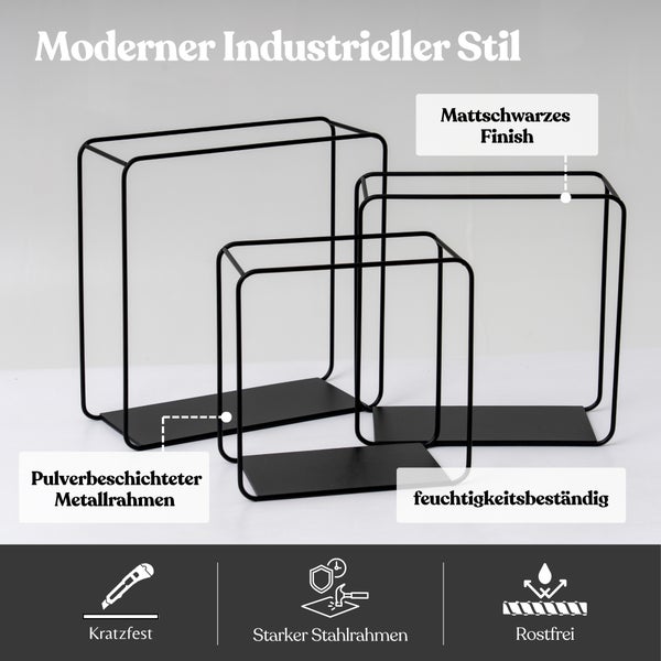 Set aus drei schwarzen rechteckigen Stahlrahmen im Industriestil, pulverbeschichtet, kratzfest, rostfrei und feuchtigkeitsbeständig.