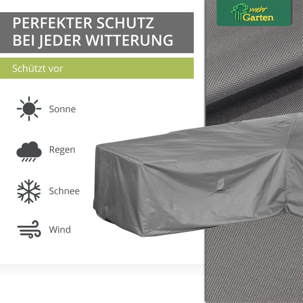 Mehr Garten - Premium Abdeckung für Eck-Loungegruppe, Ottomane Links: 255(B)x195(T)x80(H) cm I Robuste Gartenmöbel-Schutzhülle wasserdicht und wetterfest aus Oxford 600D Gewebe I Lichtgrau