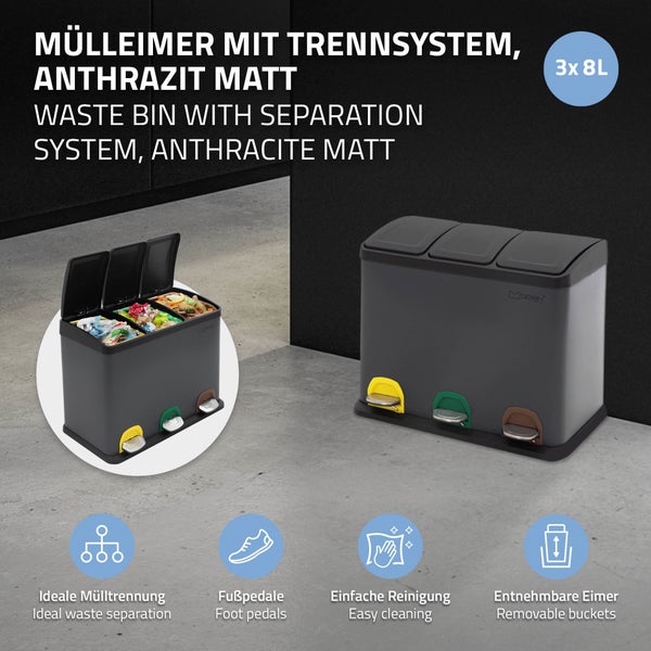 ML-Design Mülleimer Küche 3x 8L (24L), Anthrazit, Mülltrennsystem 3 Fächer, Treteimer zur Mülltrennung, Abfalleimer aus Stahl mit Inneneimer aus Kunststoff & Klappdeckel, farblicher Kennzeichnung