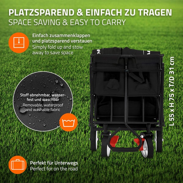 Hauki Bollerwagen L faltbar mit Dach, Schwarz, Handwagen klappbar, Transportwagen für Kinder, Gerätewagen inkl. 2x Netztaschen & 1x Außentasche, Vorderrad-Bremse, bis 80 kg, Transportkarre Kinderwagen