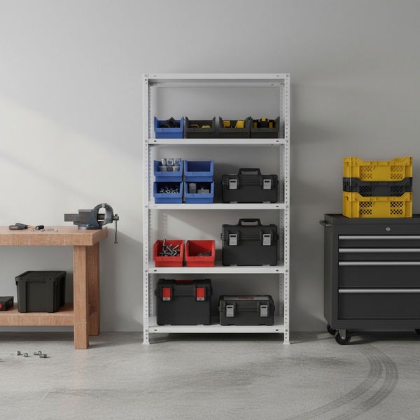 Helle, organisierte Werkstatt mit einem weißen Metallregal, Werkzeugkoffern, einer hölzernen Werkbank mit Schraubstock und einem Werkstattwagen.