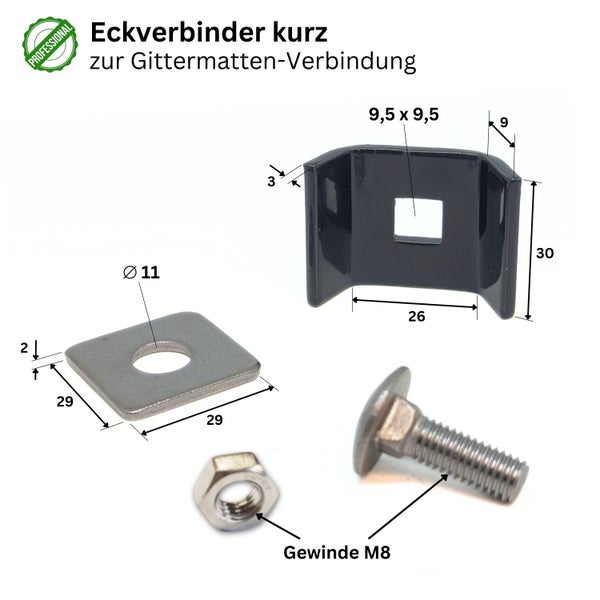 Kurzer Eckverbinder zur Gittermattenverbindung mit Schraube, Mutter und Unterlegscheibe