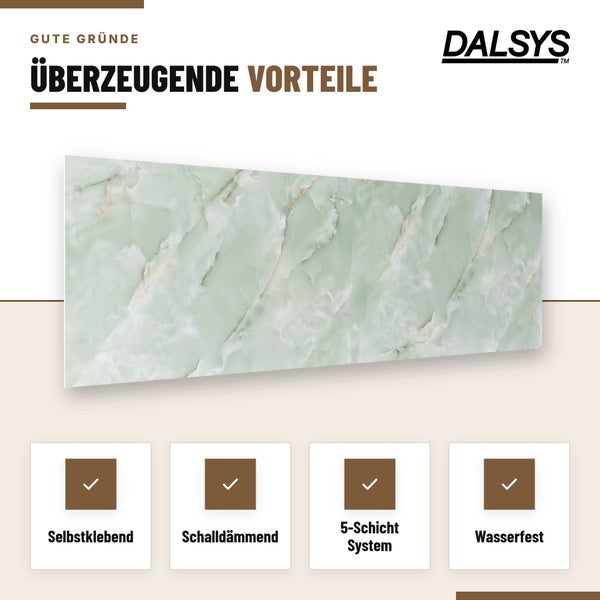 Dalsys Wandpaneel mit Marmoroptik und Vorteilen wie selbstklebend, schalldämmend, 5 Schicht System und wasserfest.