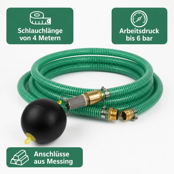 Saugschlauch mit Schwimmerkugel und Messinganschlüssen, vier Meter Schlauchlänge, geeignet für bis zu sechs bar Arbeitsdruck.