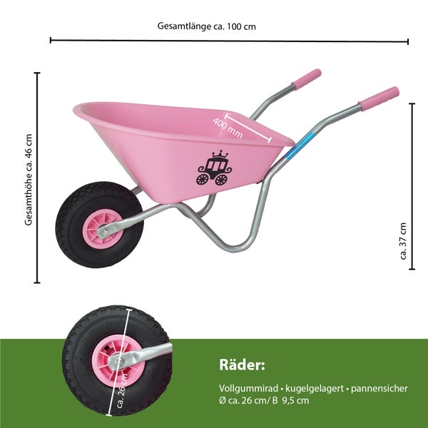 Abmessungen einer Schubkarre für Kinder mit Vollgummirad, kugelgelagert und pannensicher